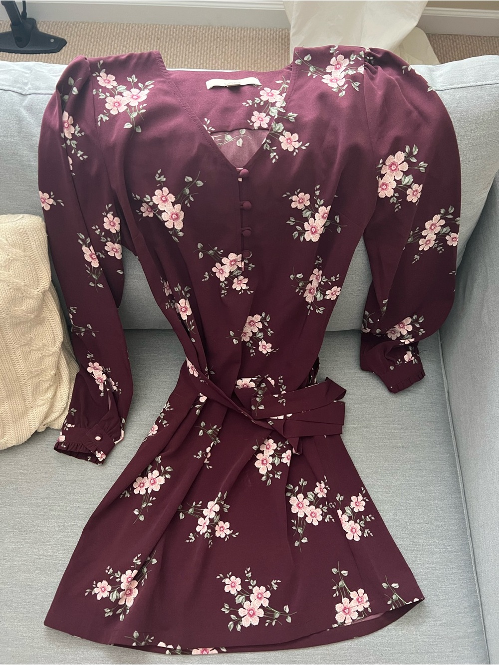 LOFT Burgundy Floral V-Neck Tie-Waist Mini Dress